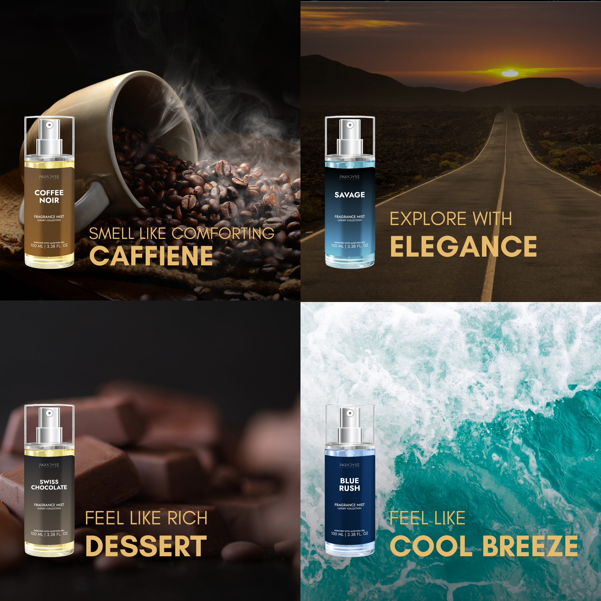 Body Mist For Men - Pack Of 4 | Blue Rush | Savage | Coffee Noir | Swiss Chocolate | 4 X 100ML