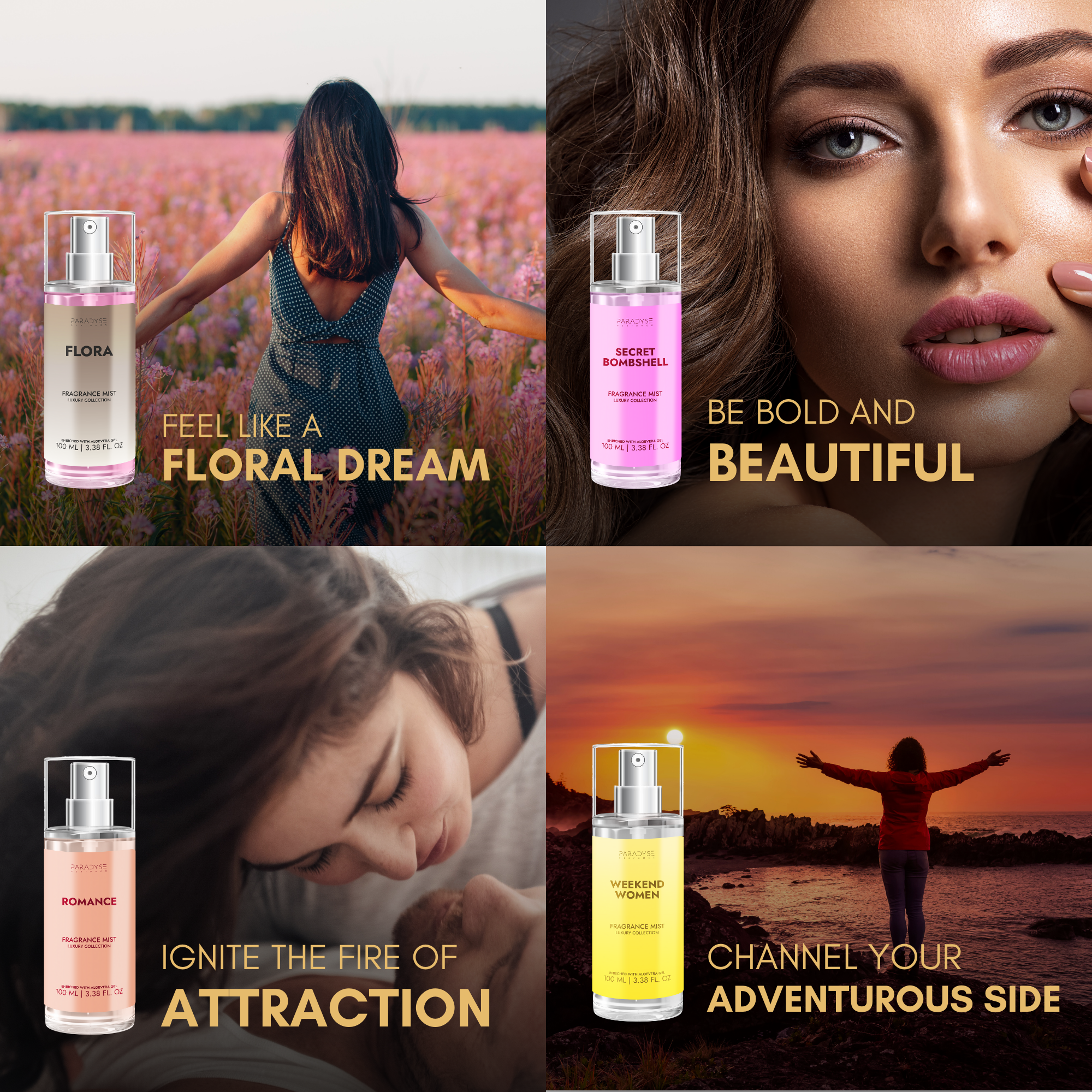 Body Mist For Cozy Nights - Pack Of 4 | Secret Bombshell | Weekend Women | Flora | Romance | 4 X 100ML