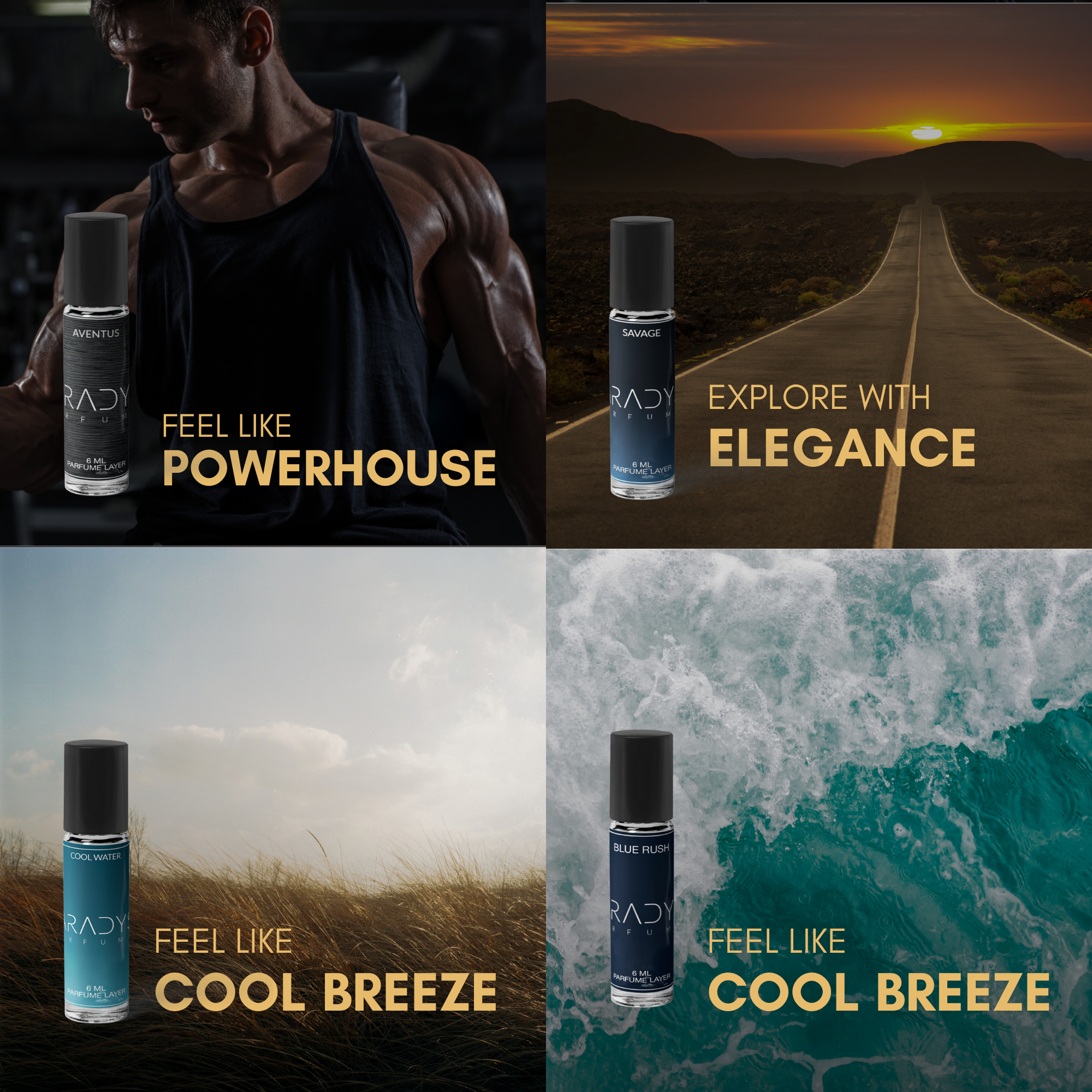 Gym Attar Set - Pack Of 4 | Polo Sport | Aventus | Blue Rush | Cool Water