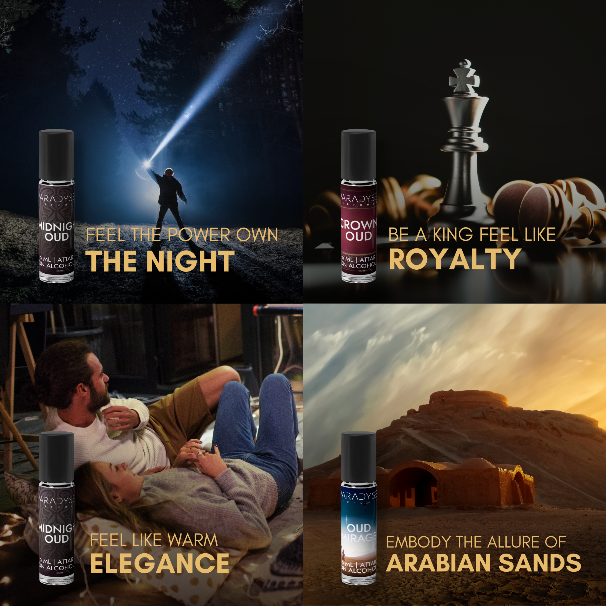 Oud Attars - Midnight Oud | Crown Oud | Oud Mirage | Oud Wood | Pack Of 4