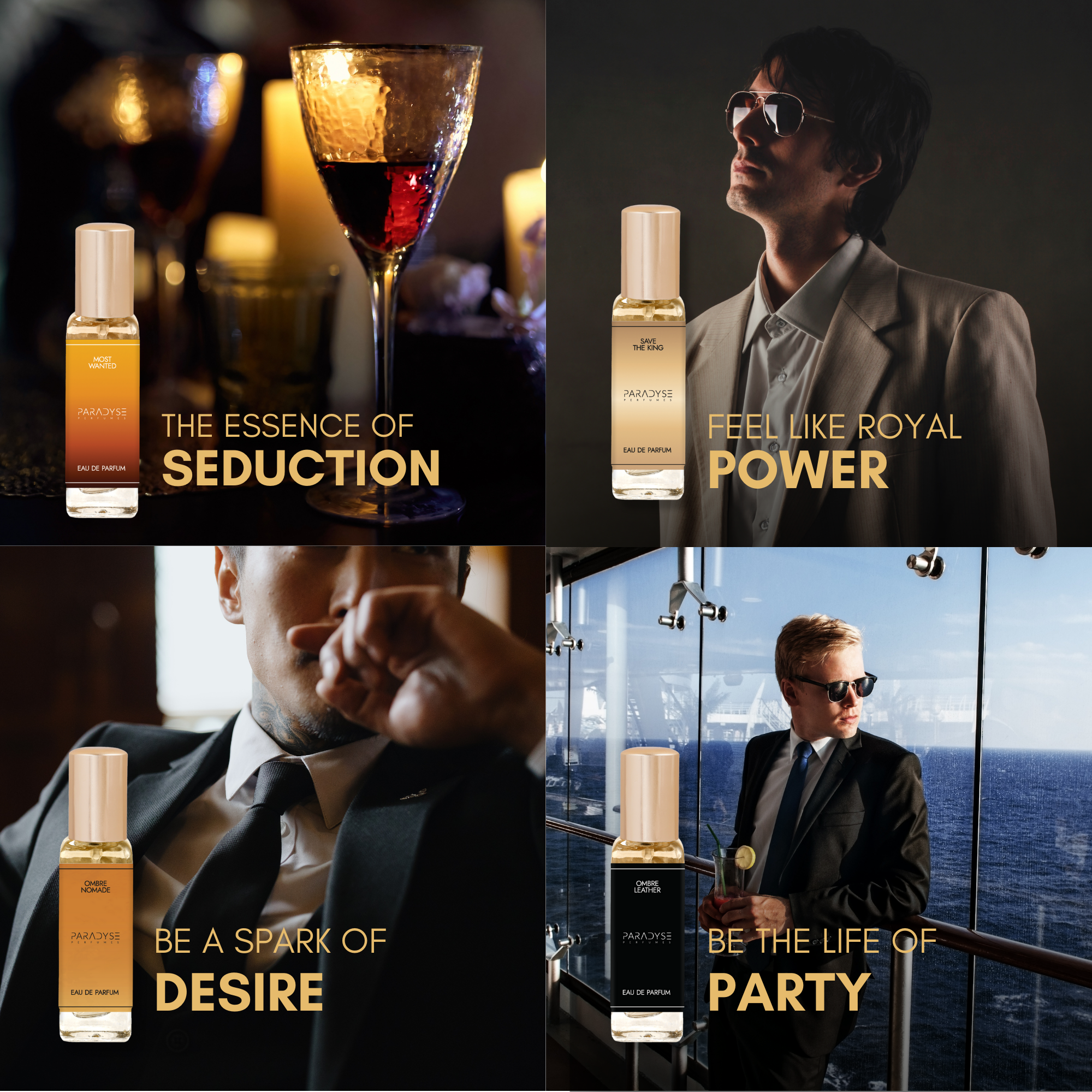 Party perfumes - Pack Of 4 | Most Wanted | Save The King | Ombre Nomade | Ombre Leather 4 X 20 ML